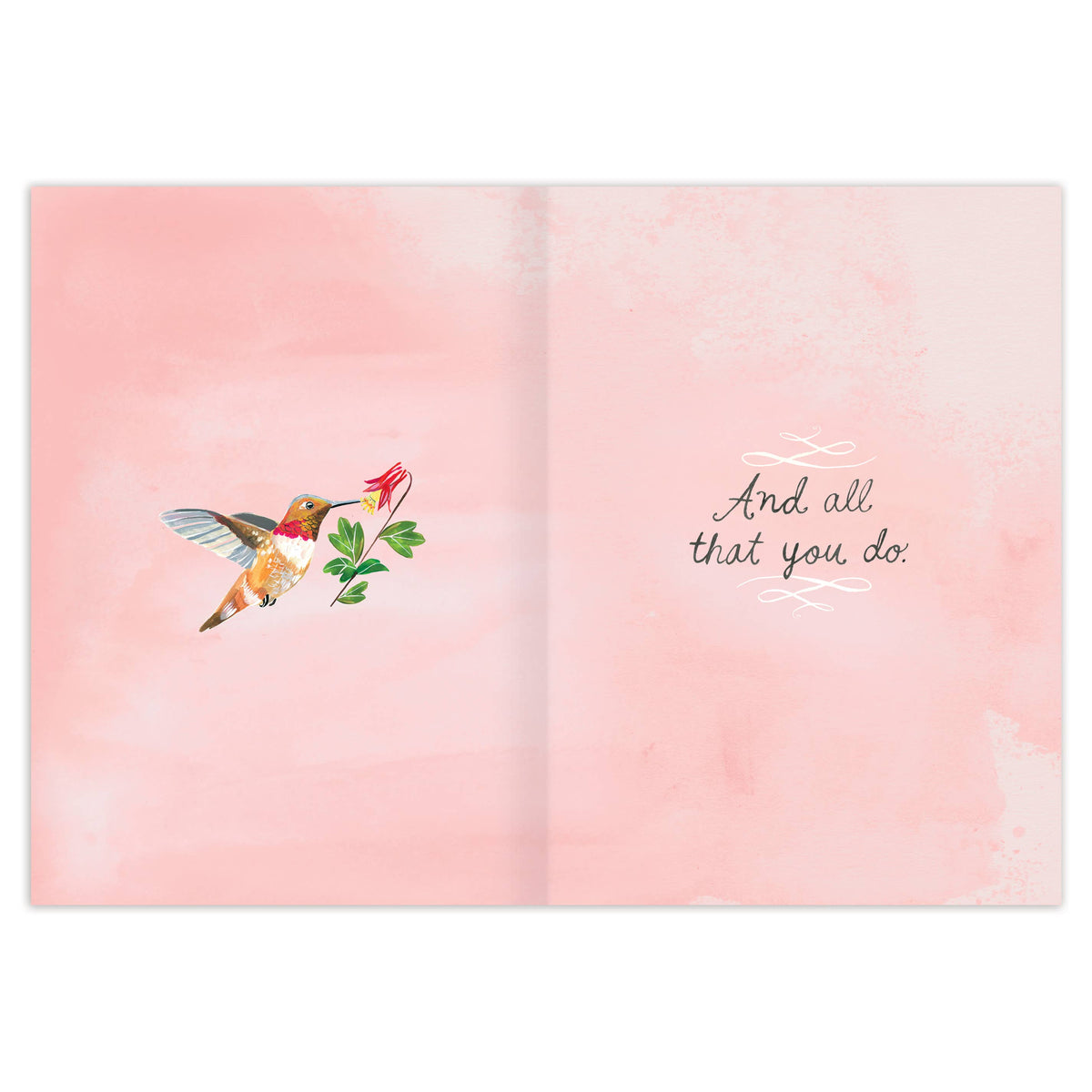 Open book with a pink watercolor background, a hummingbird illustration, and text on a white background.