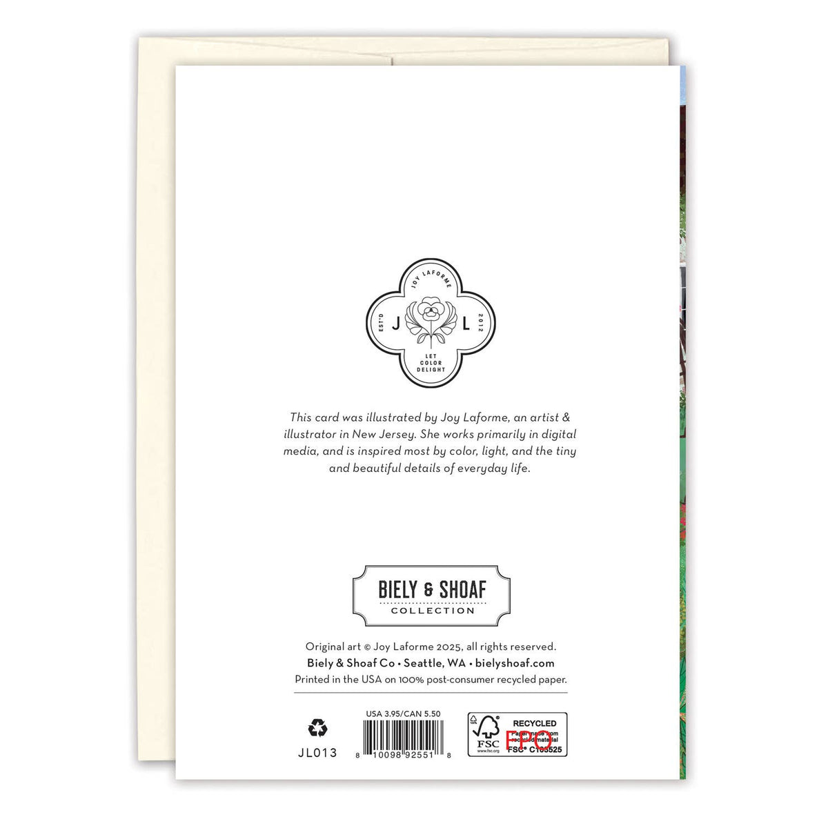 Back of a card with text and branding on a white background
