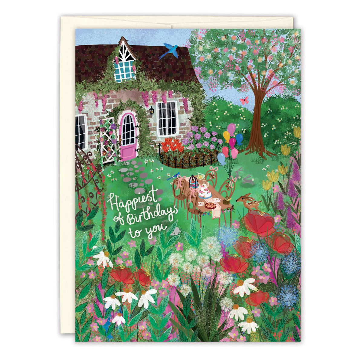 whimsical cottage with florals birthday card