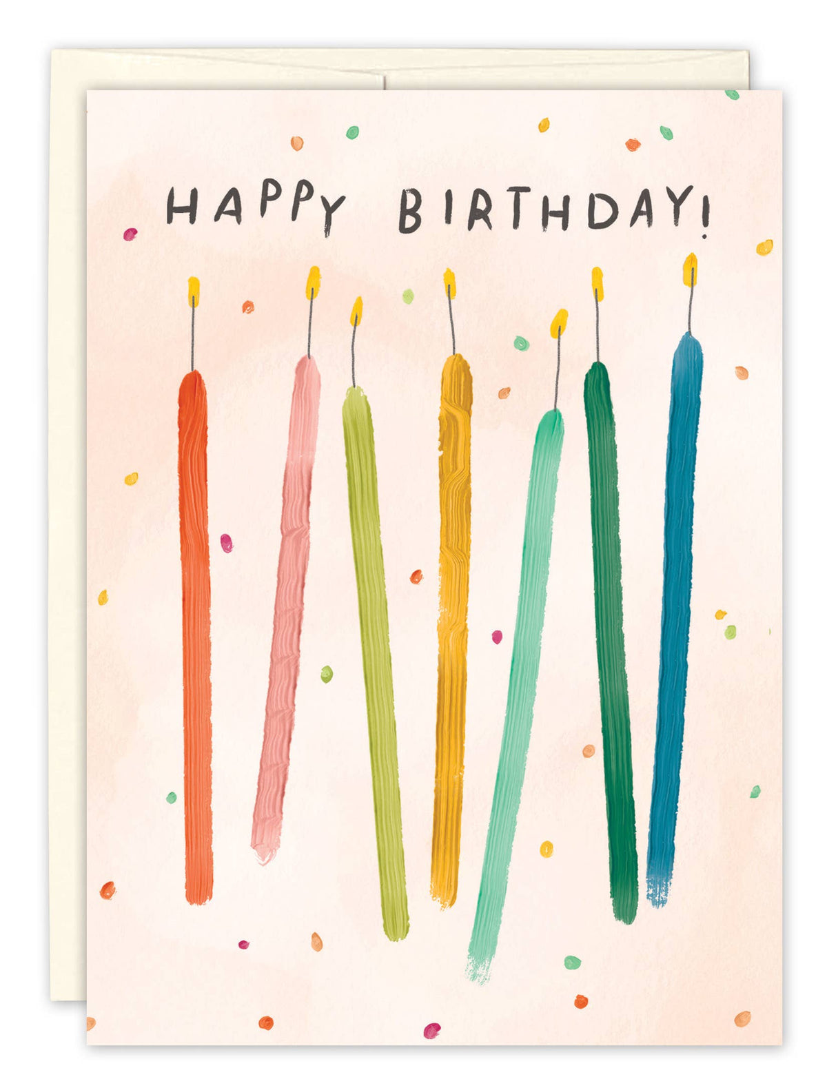 Birthday card with colorful candles and 'Happy Birthday!' text on a light pink background.