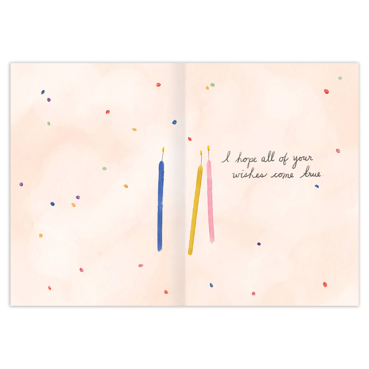 Greeting card with candles and confetti on a light pink background