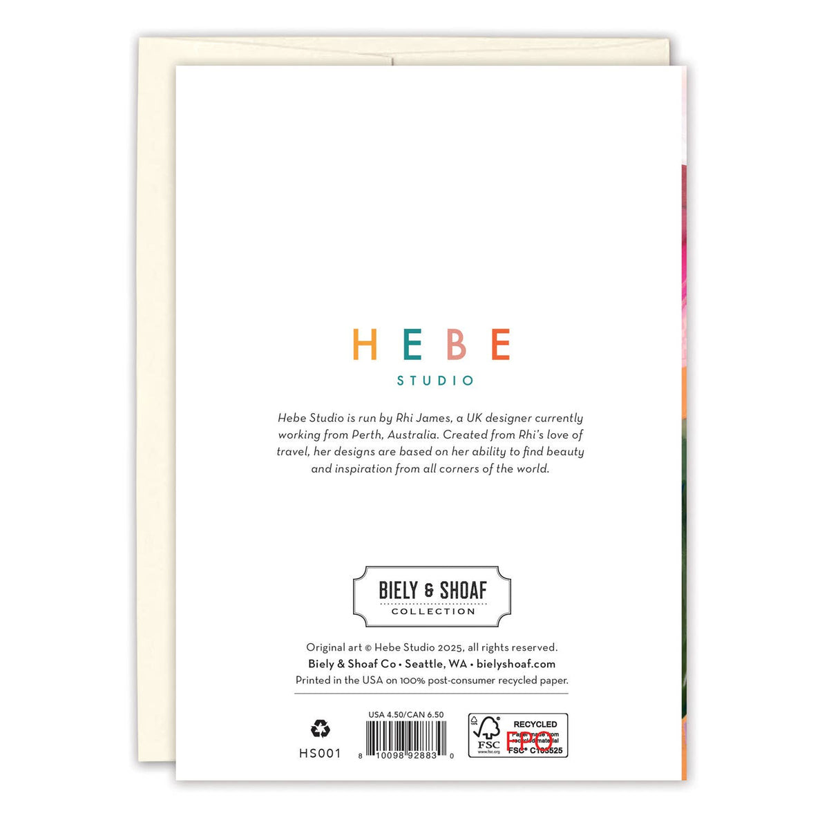 Back cover of a product with 'HEBE Studio' branding and text.