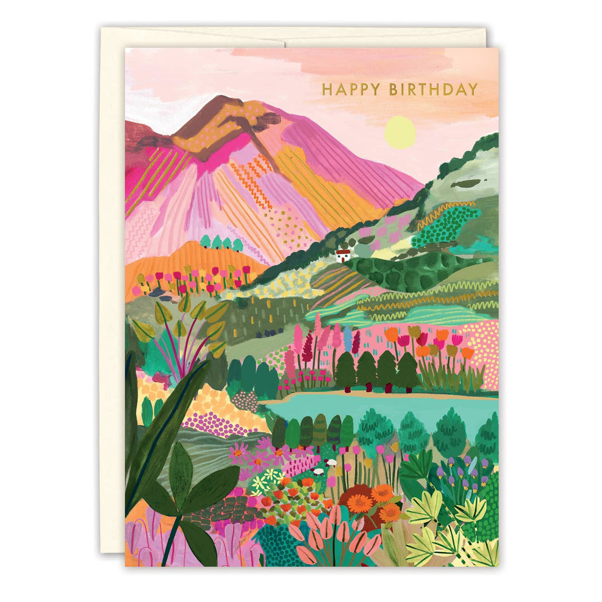 Colorful birthday card with a mountain landscape and 'Happy Birthday' text.