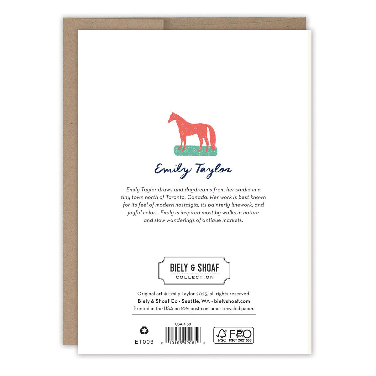 Back of a greeting card with horse illustration and text about Emily Taylor and Biey & Shoaf Collection.