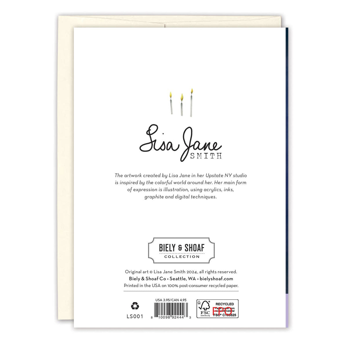 Back of a card with 'Lisa Jane Smith' branding and text.