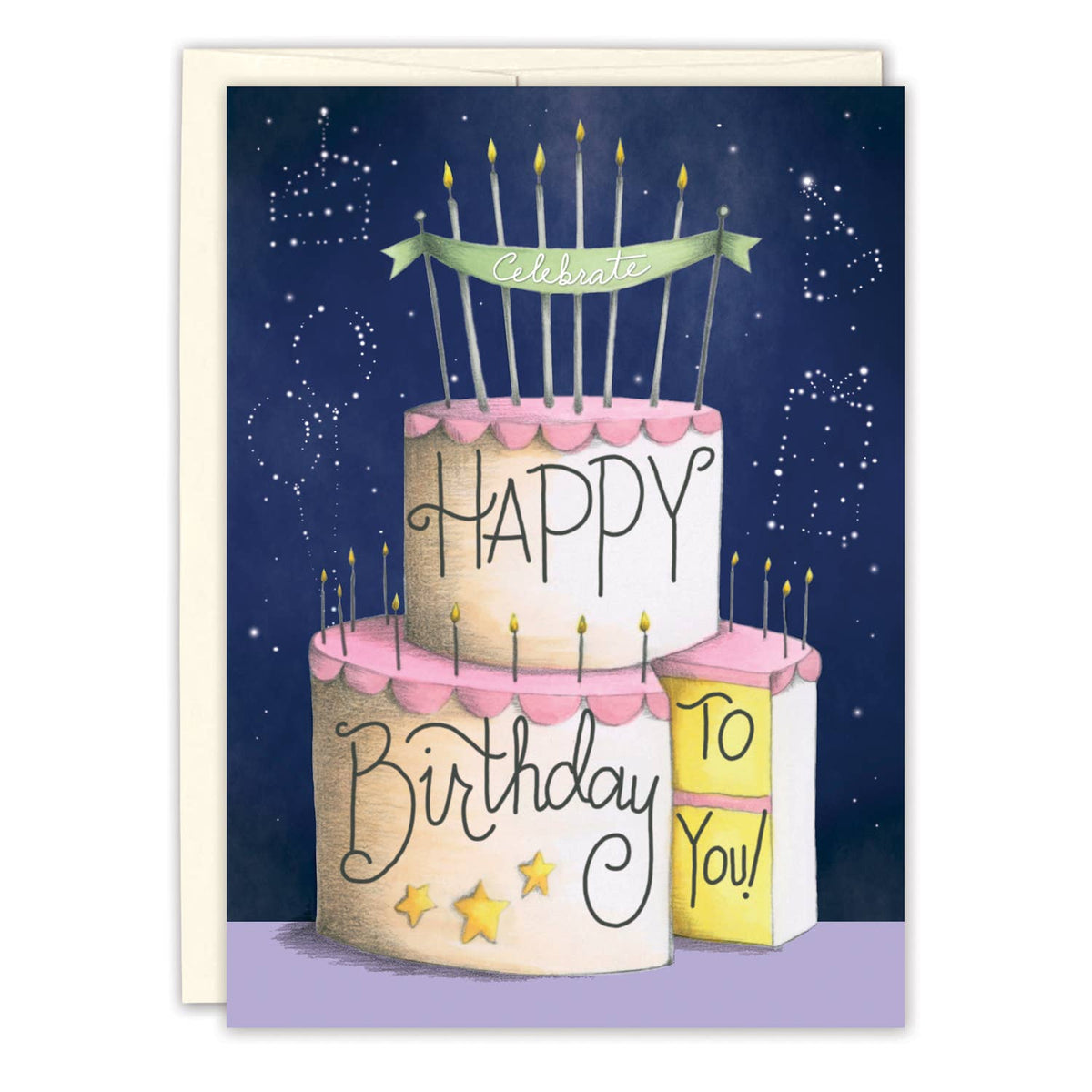 Birthday card with a cake illustration and 'Happy Birthday' text against a starry night sky.