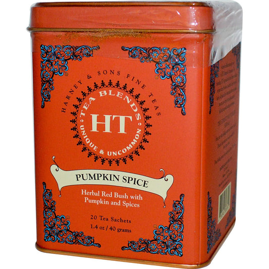 Harney & Sons Pumpkin Spice Tea Sachets, 20 count tin with black tea blend of cinnamon, cloves, nutmeg, and pumpkin spice.