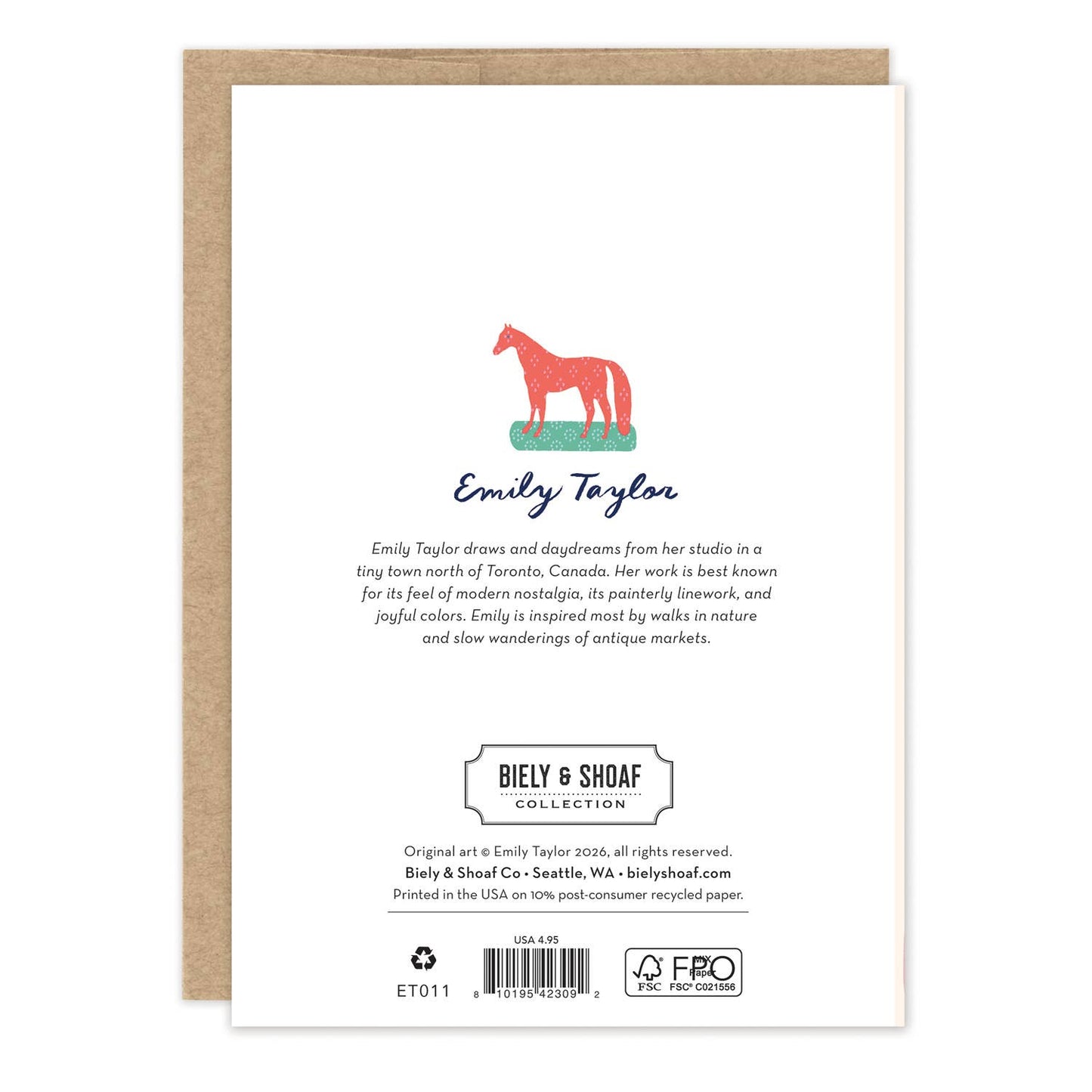 Back of a greeting card with horse illustration and text about Emily Taylor and Bely & Shoaf Co.