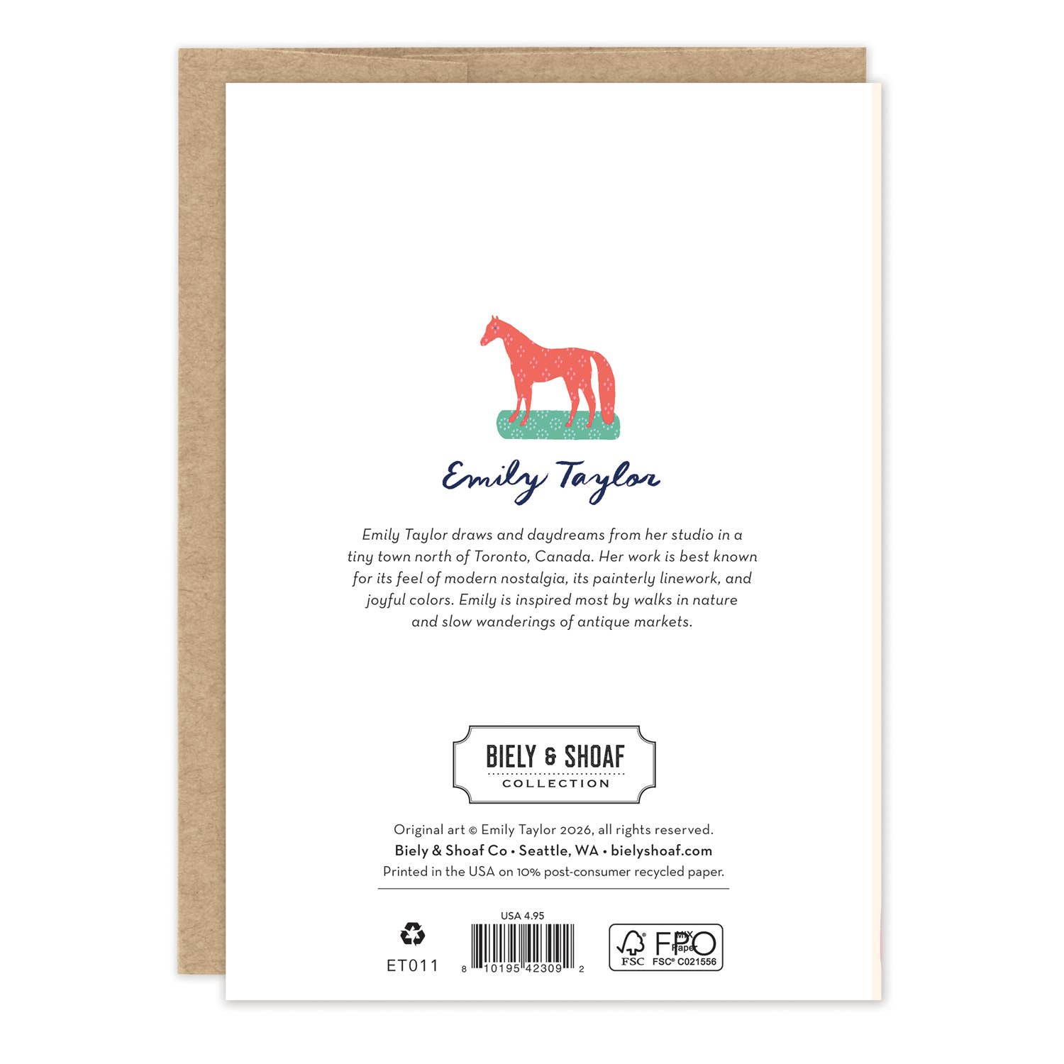 Back of a greeting card with horse illustration and text about Emily Taylor and Bely & Shoaf Co.