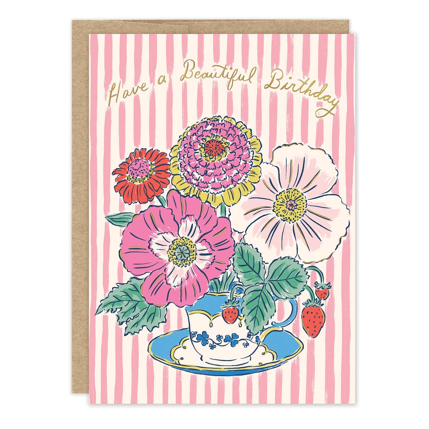 Greeting card with flowers in a teacup design on a pink striped background