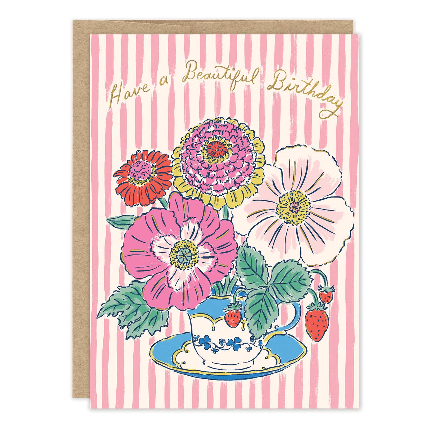 Greeting card with flowers in a teacup design on a pink striped background