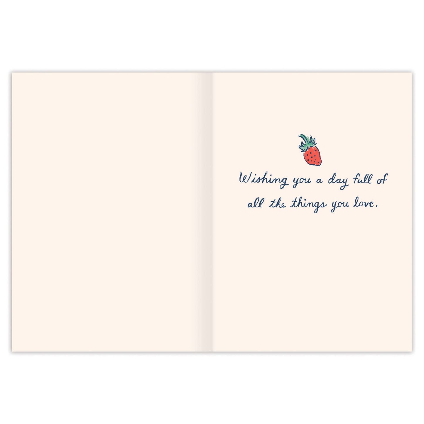 Open card with a strawberry illustration and text on a white background