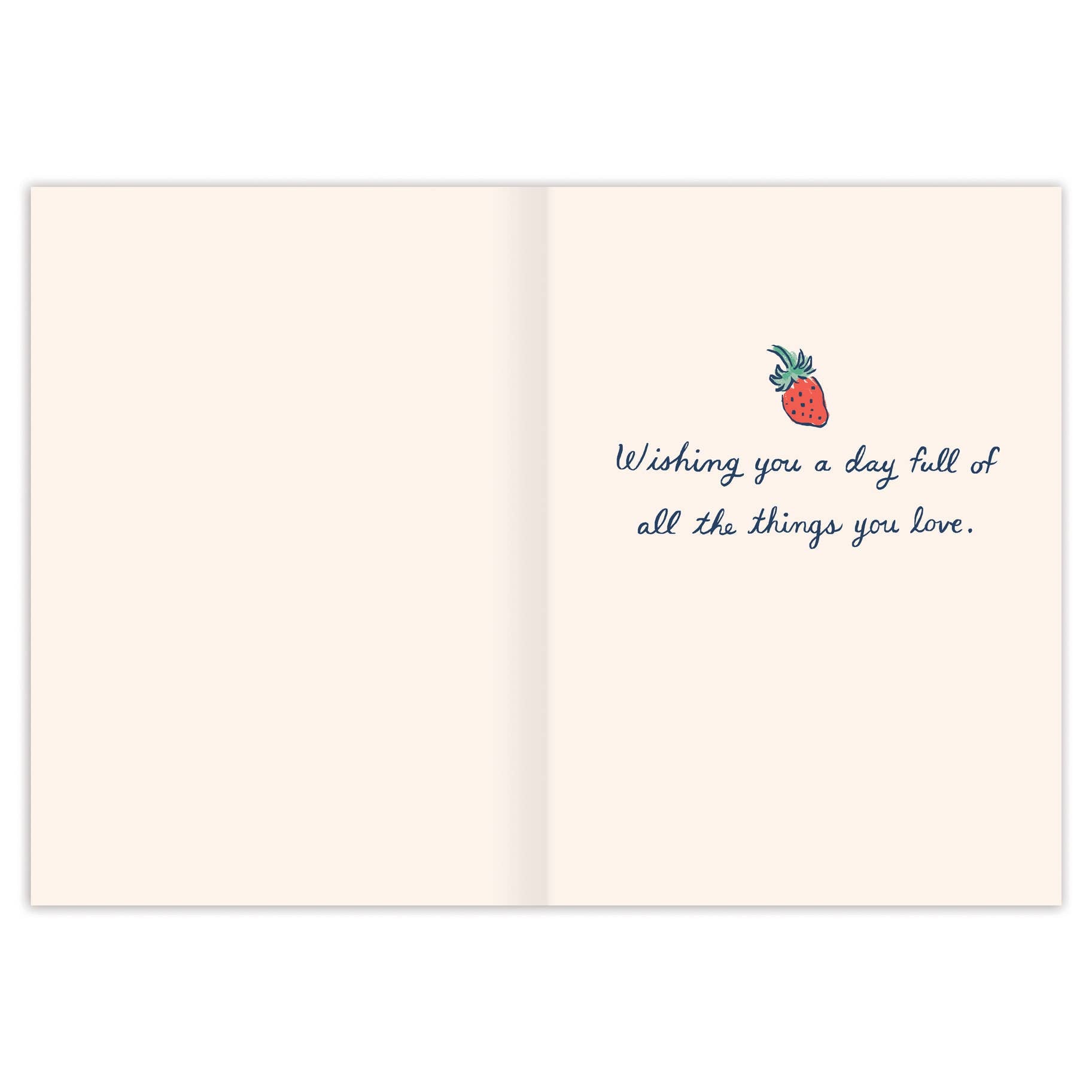 Open card with a strawberry illustration and text on a white background
