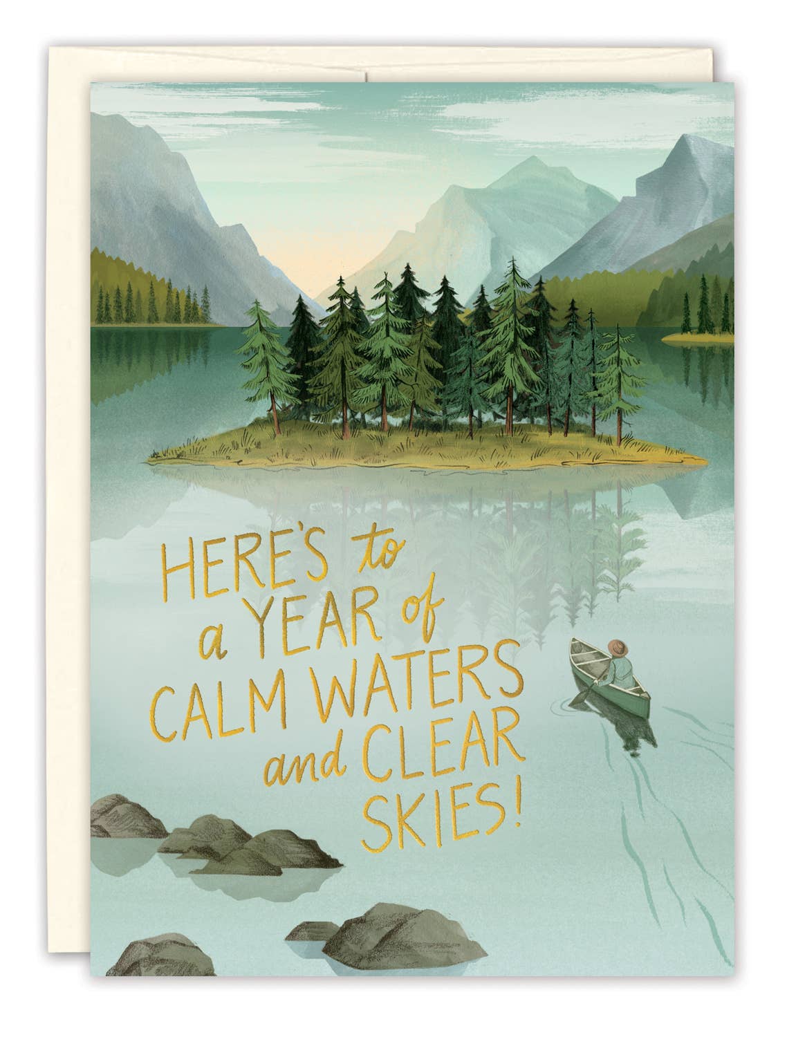 Greeting card with a scenic illustration of a lake and mountains, featuring text 'Here's to a year of calm waters and clear skies!'.