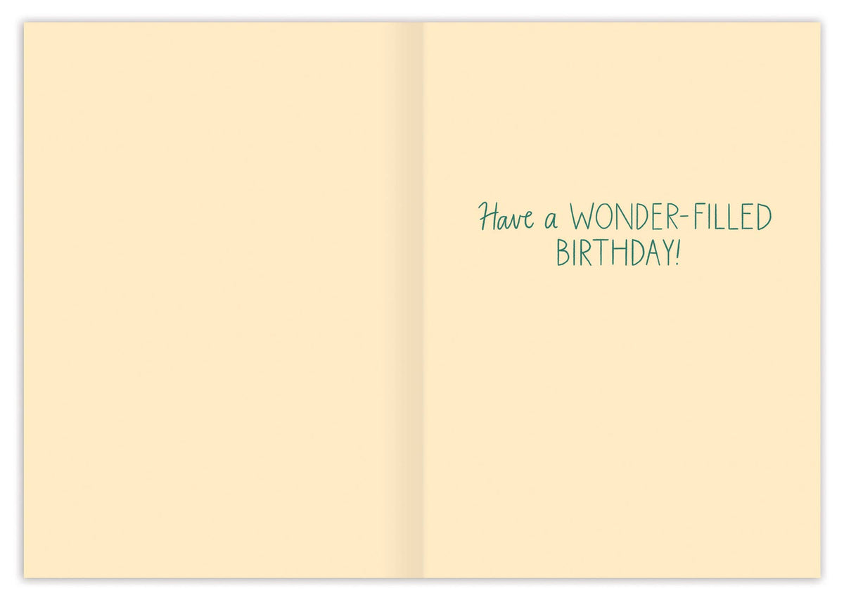 Open card with 'Have a wonder-filled birthday!' text on a beige background