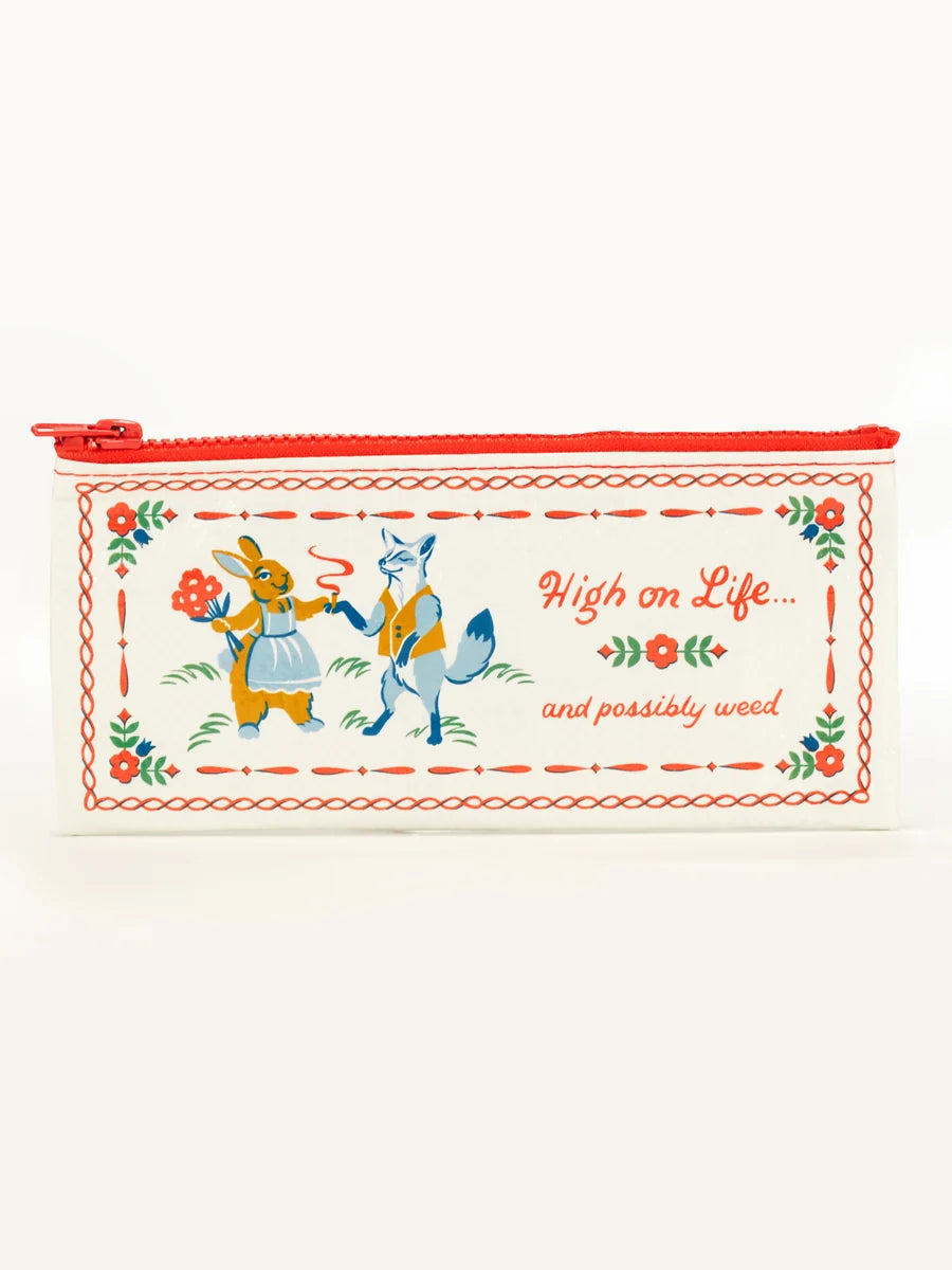 Pouch with cartoon characters and text on a white background