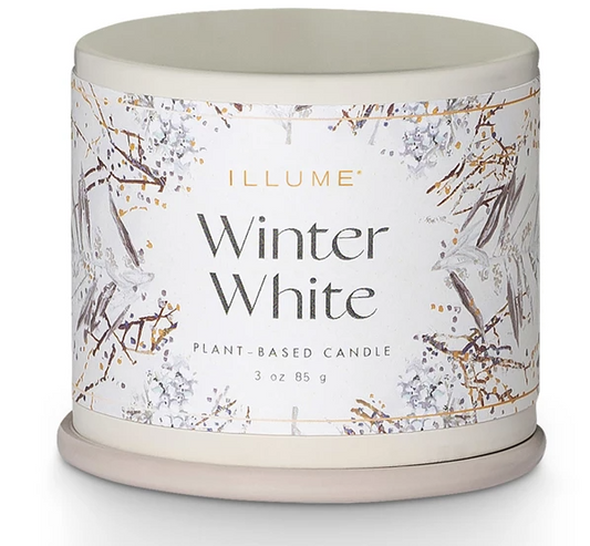 Noble Holiday Vanity Tin Candle with patterned metallic design, featuring cardamom, evergreen, and citrus fragrance for festive holiday décor.