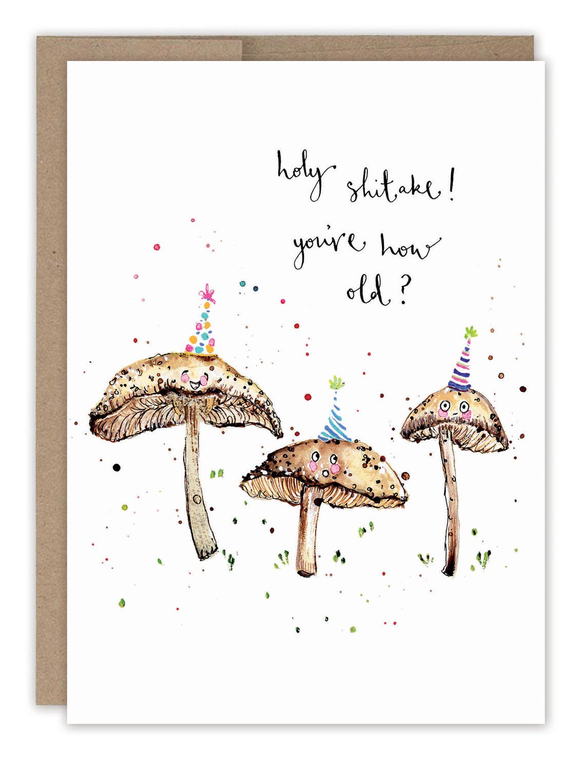 Greeting card with mushrooms wearing party hats and text on a white background