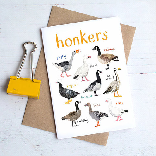 Card with goose illustrations and text 'honkers' on a white background