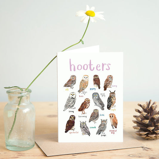 Card with owl illustrations and text 'hooters' on a wooden surface with a vase and pine cone.