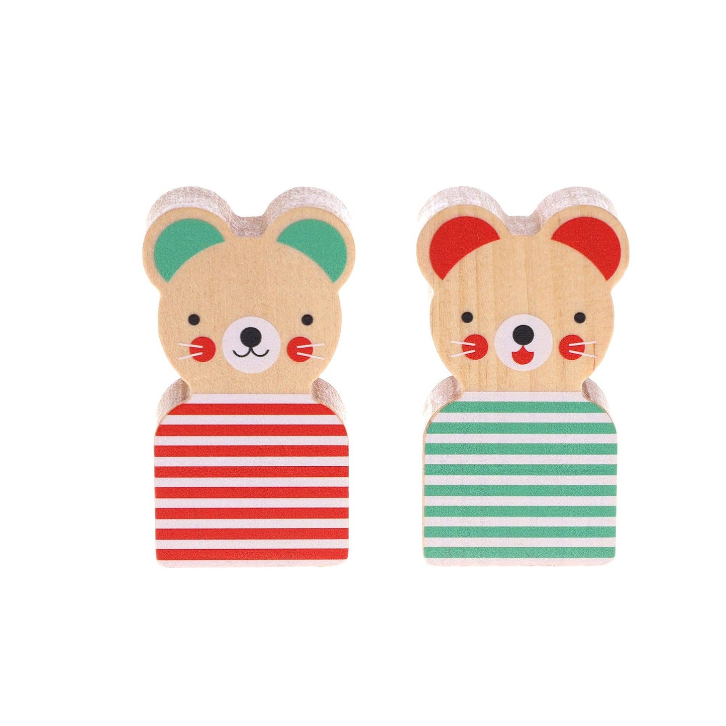Two cartoon bear characters wearing red and green striped shirts on a white background