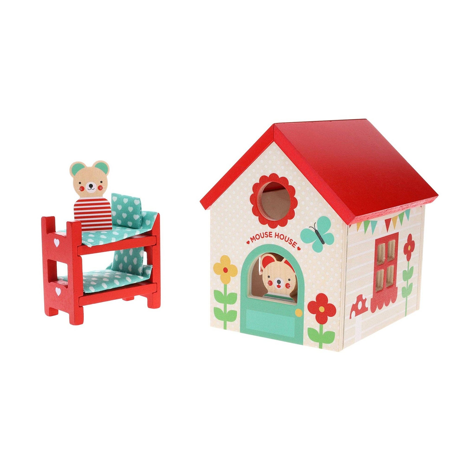 Children's toy mouse house with a teddy bear on a white background
