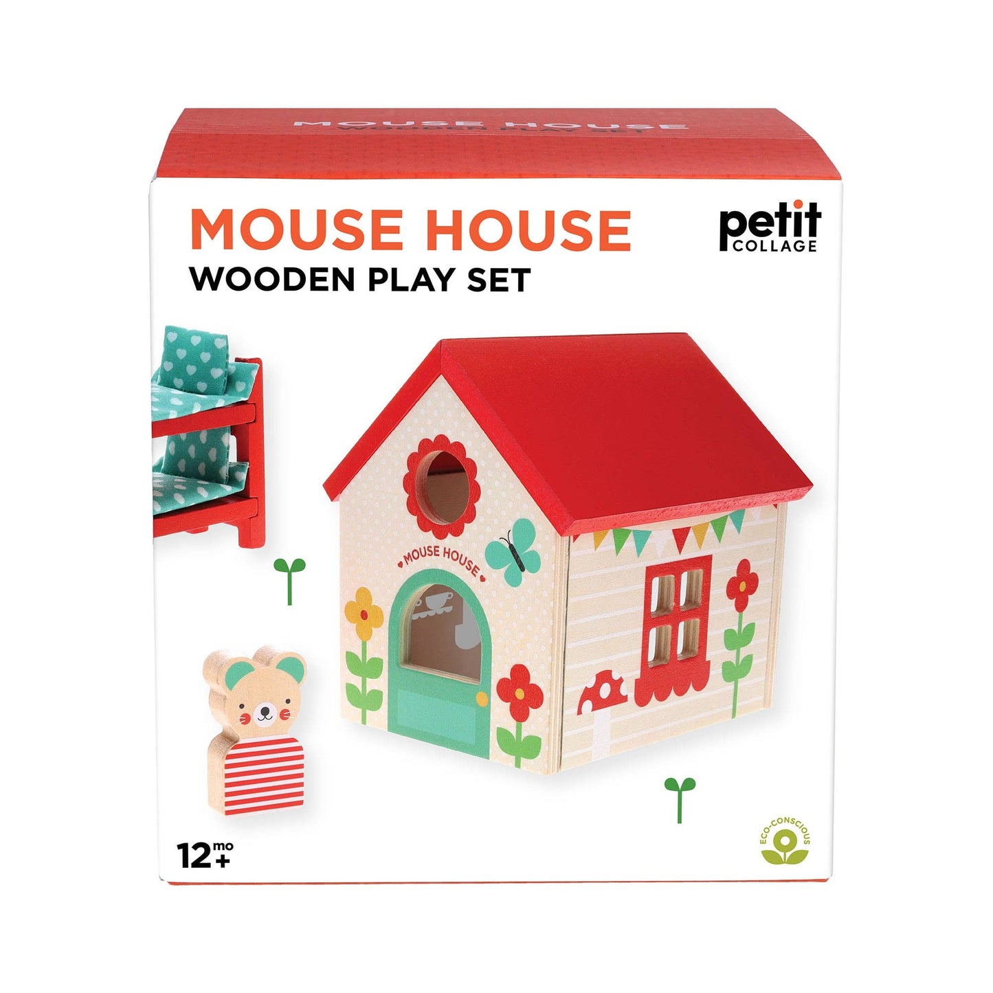 Box of a wooden mouse house play set by petit collage on a white background