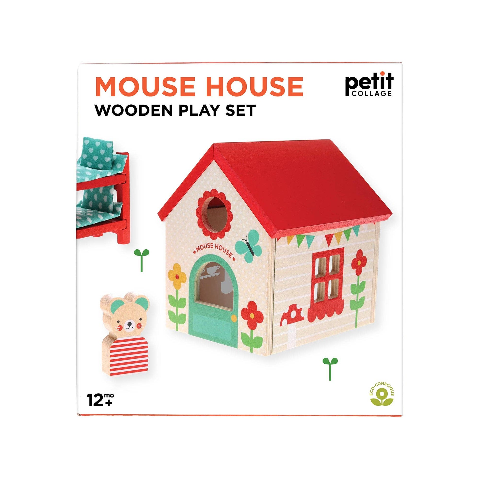 Mouse house wooden play set packaging with 'petit collage' branding on a white background.