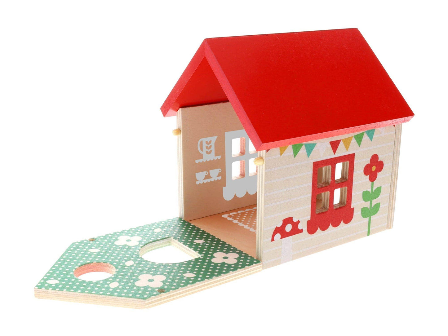 Wooden toy house with a red roof on a white background