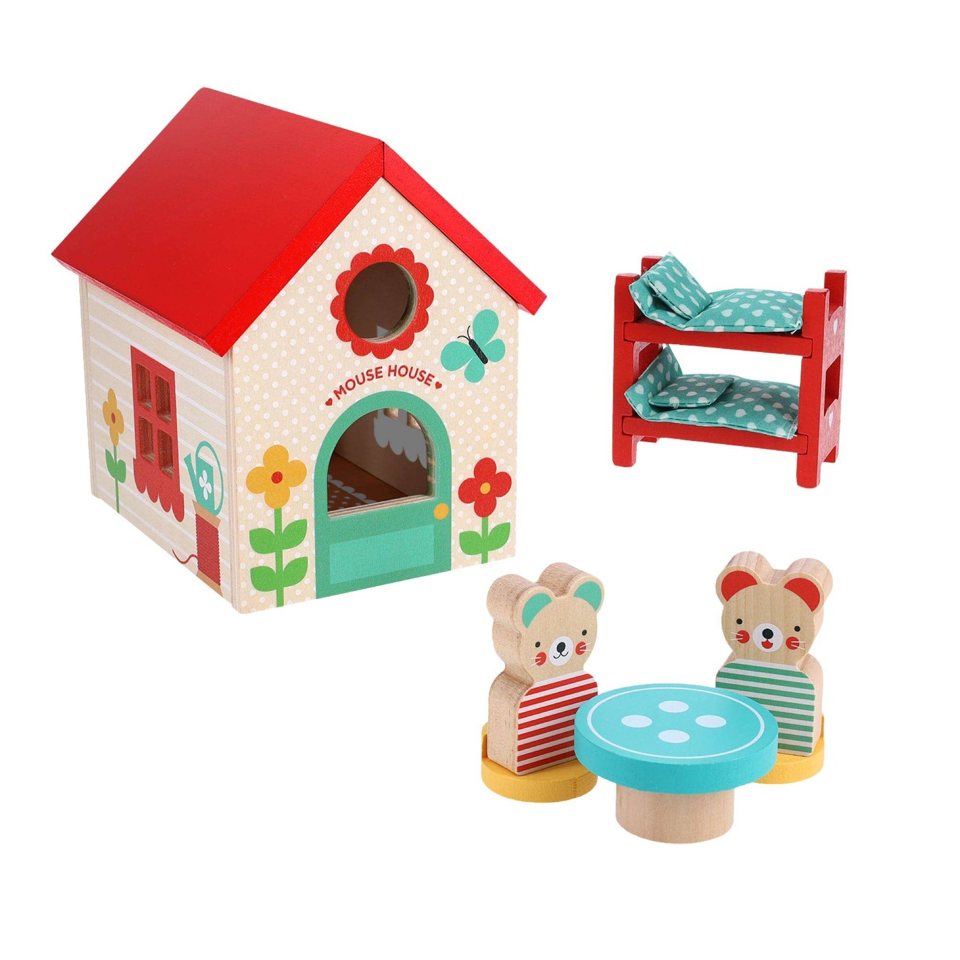 Wooden toy mouse house with two mice and a small table on a white background