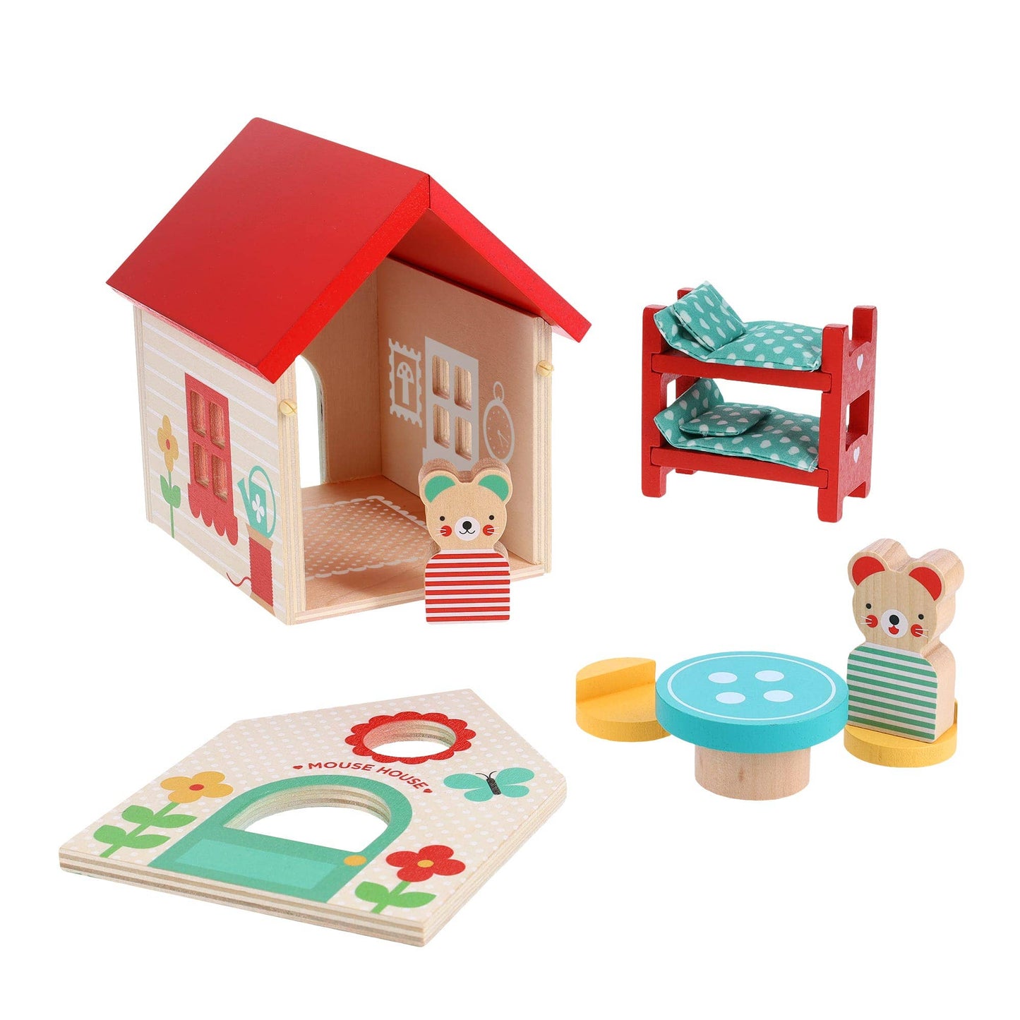 Wooden toy house with furniture and characters on a white background