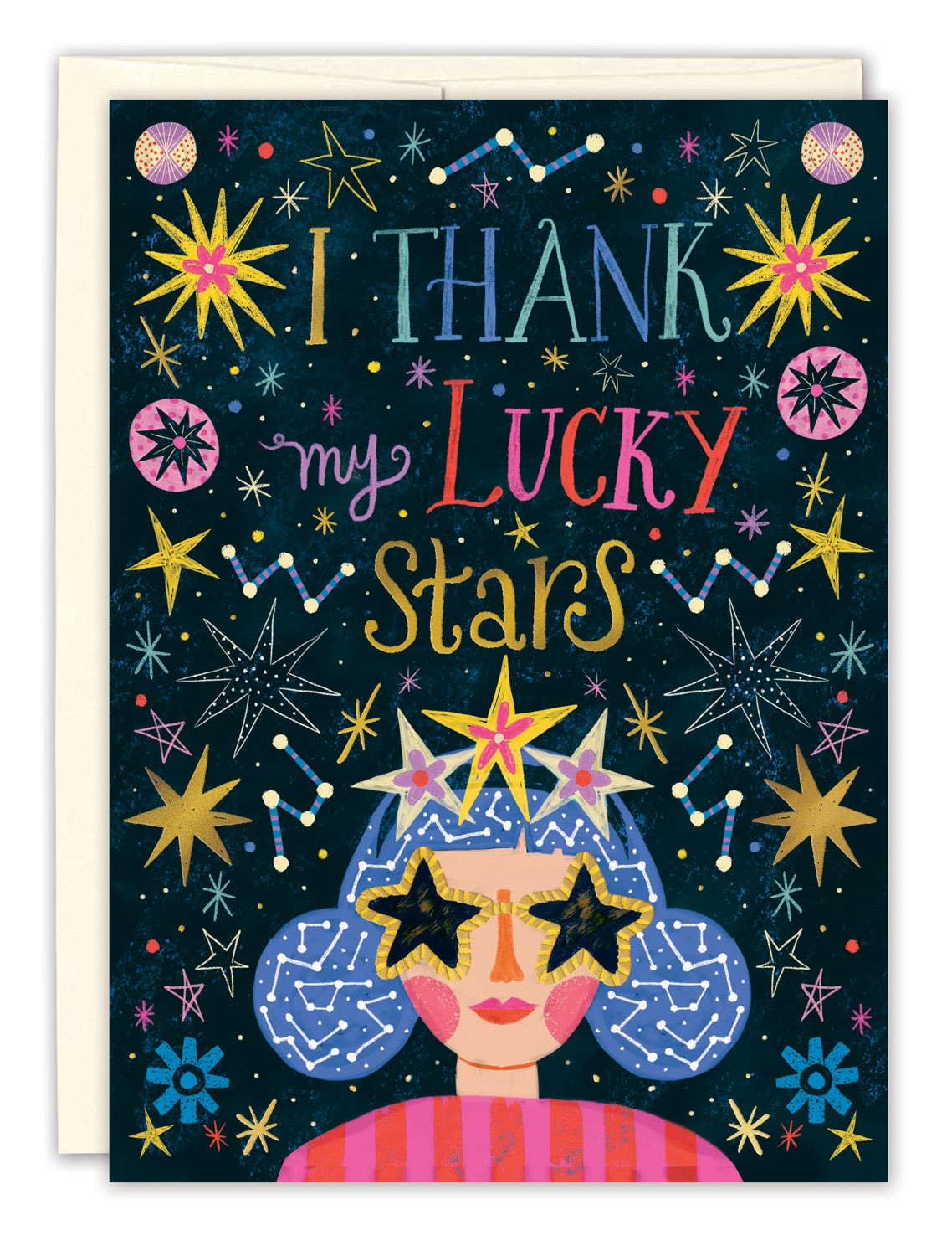 Card with colorful stars and a person wearing star-shaped sunglasses on a dark blue background.