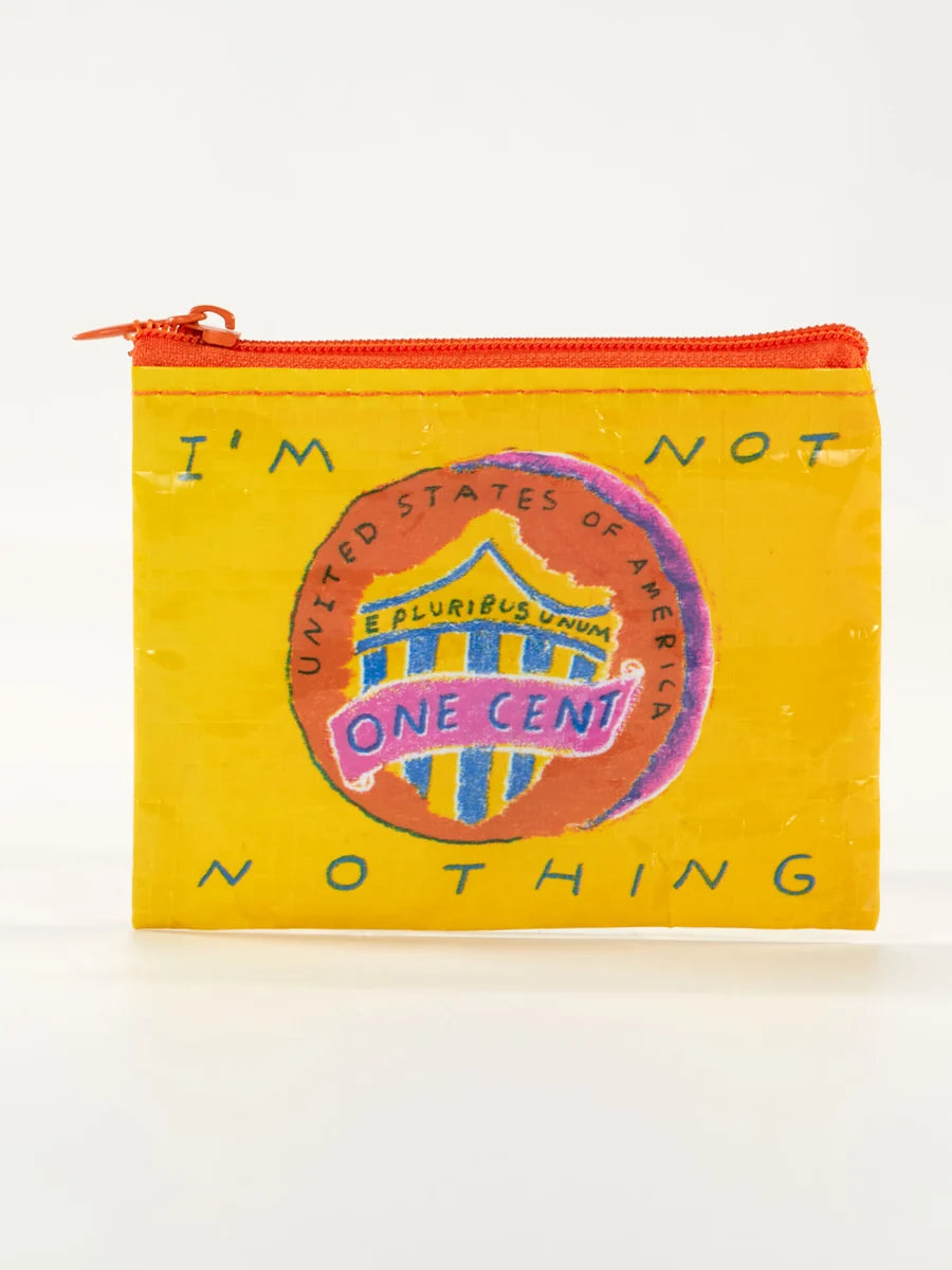 Yellow coin purse with colorful design and text on a white background