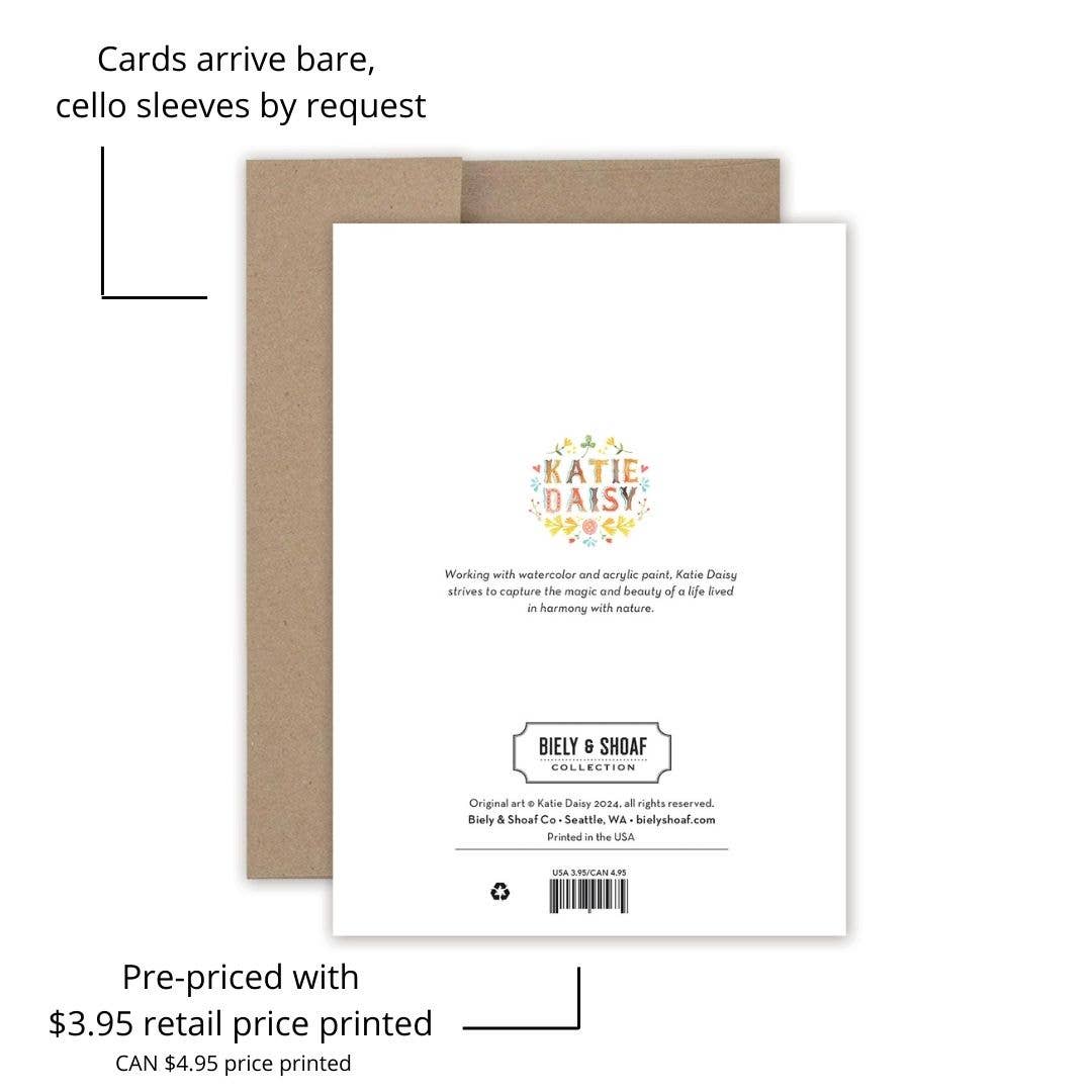 Katie Daisy greeting card with brown envelope on a white background