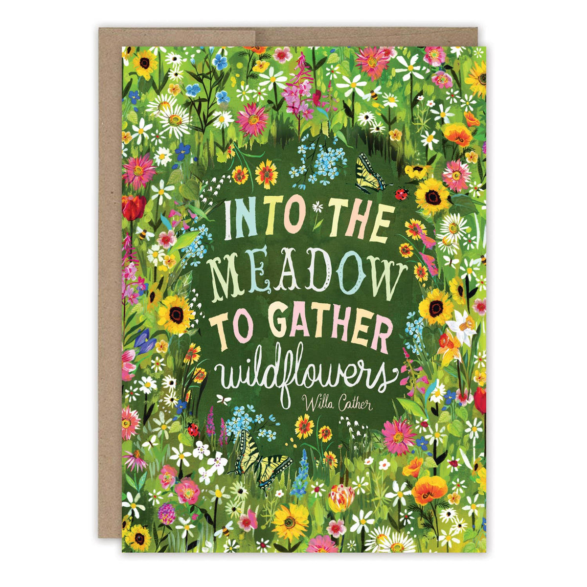 Greeting card with floral design and text 'Into the meadow to gather wildflowers' on a green background.