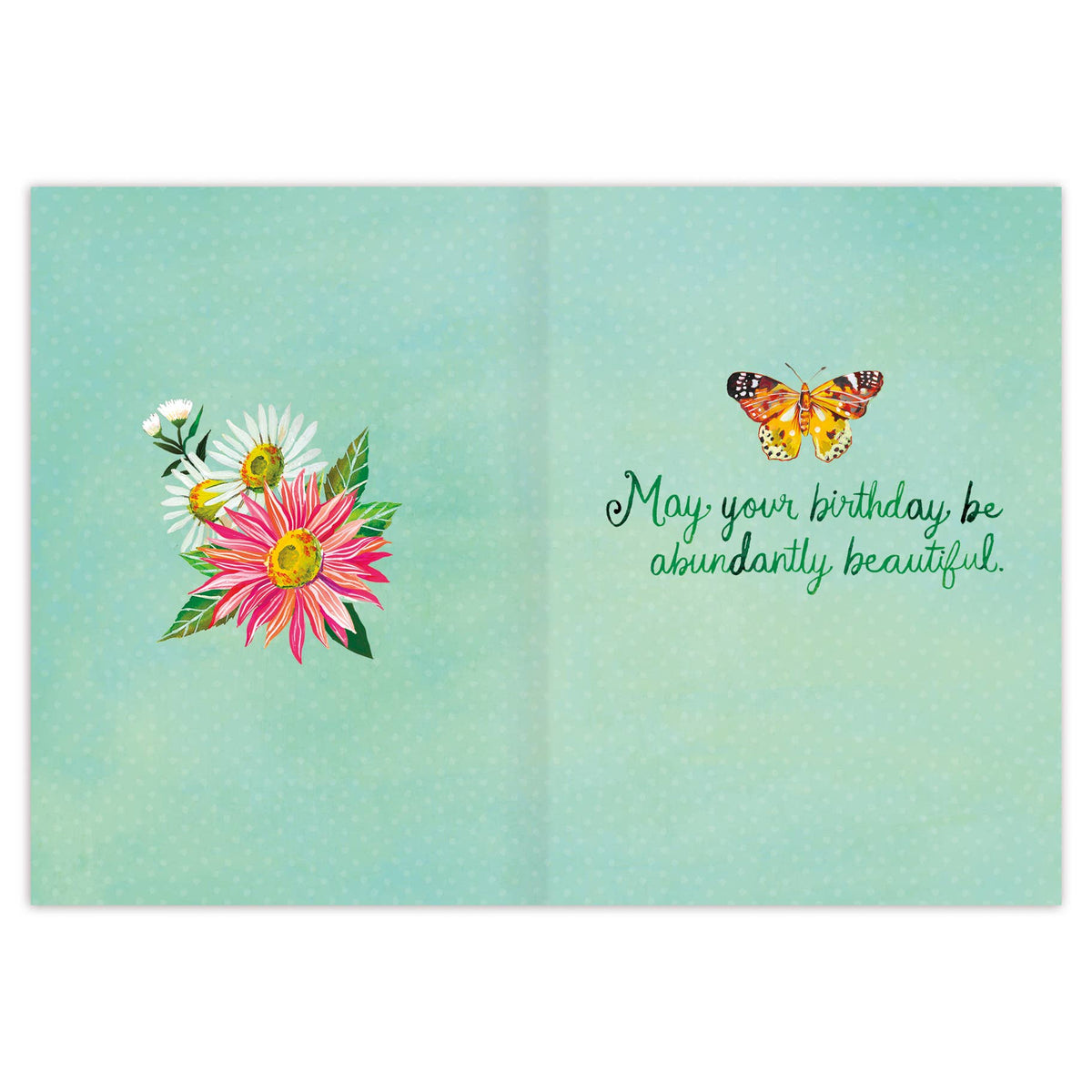 Greeting card with flowers and butterfly on a light blue background