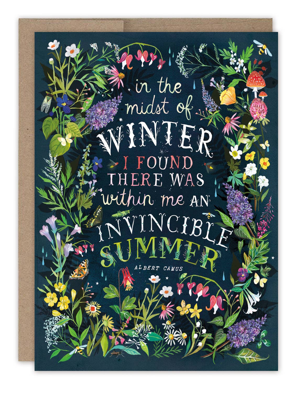 Greeting card with floral design and motivational quote on a dark blue background