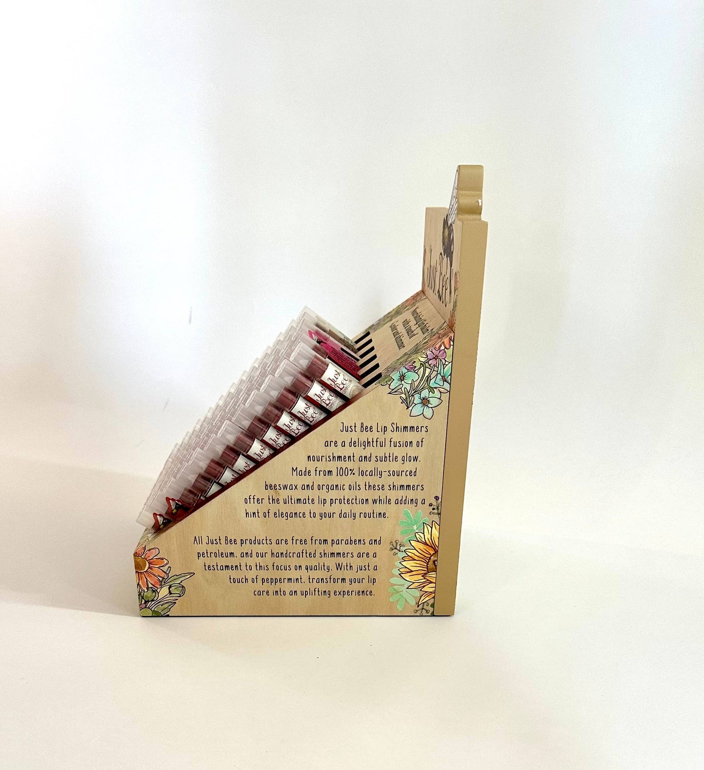 Wooden product floral stand with designs on a white background