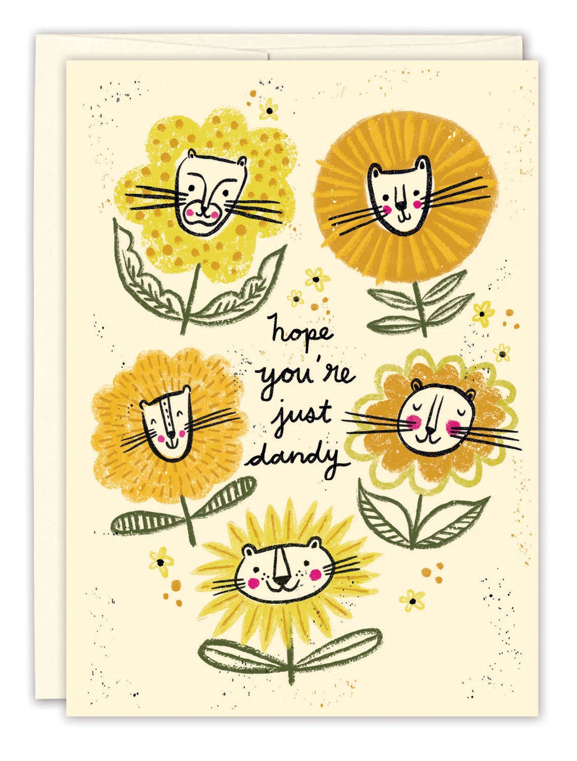 A greeting card with a cream background featuring whimsical illustrated flowers with cat faces and the handwritten phrase 'hope you're just dandyy.' A matching cream envelope is partially visible behind the card.