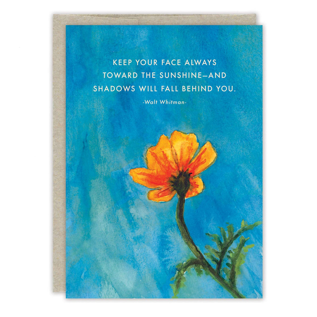 Greeting card with a flower illustration and motivational quote on a blue background