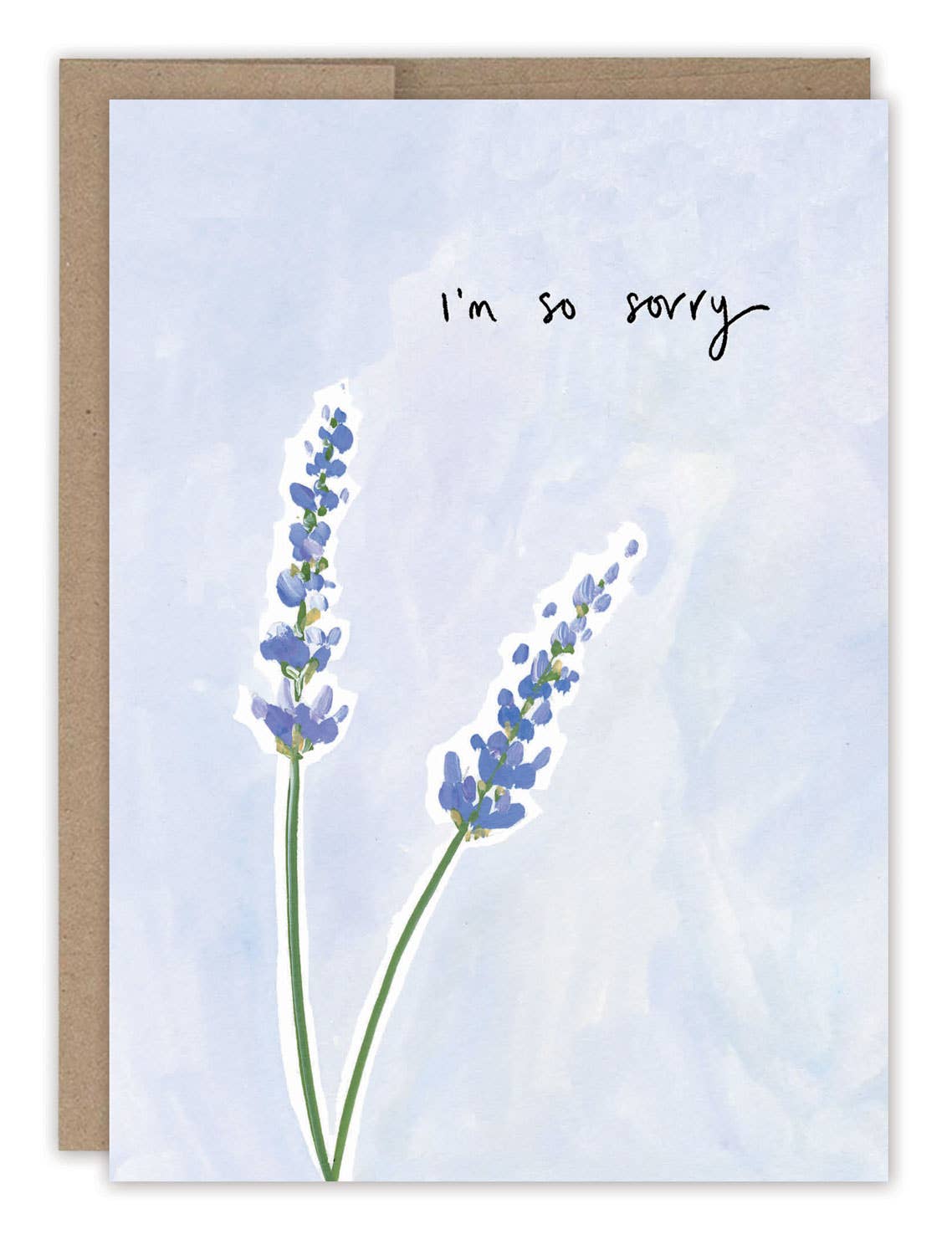 Card with lavender illustration and 'I'm so sorry' text on a light blue background