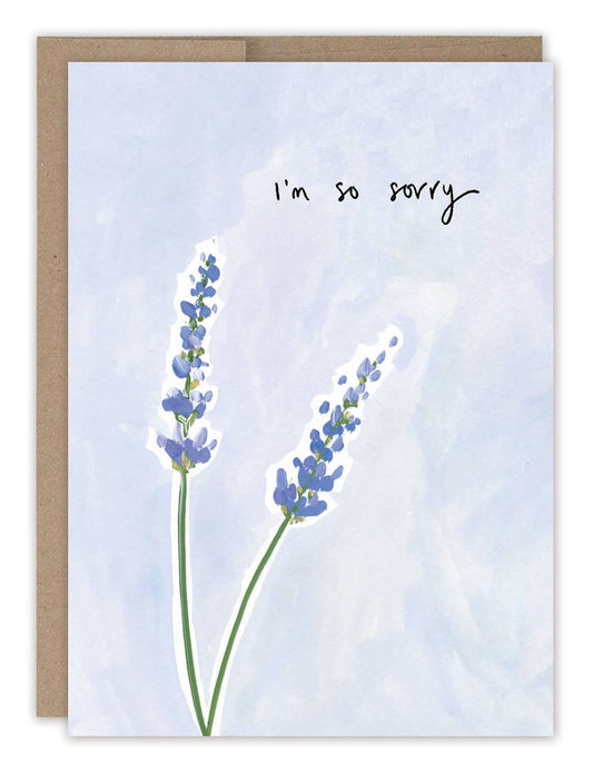 Card with lavender illustration and 'I'm so sorry' text on a light blue background