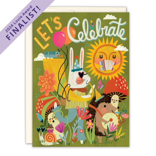 Colorful greeting card with animals and 'Let's Celebrate' text, 2024 Louie Award Finalist badge.