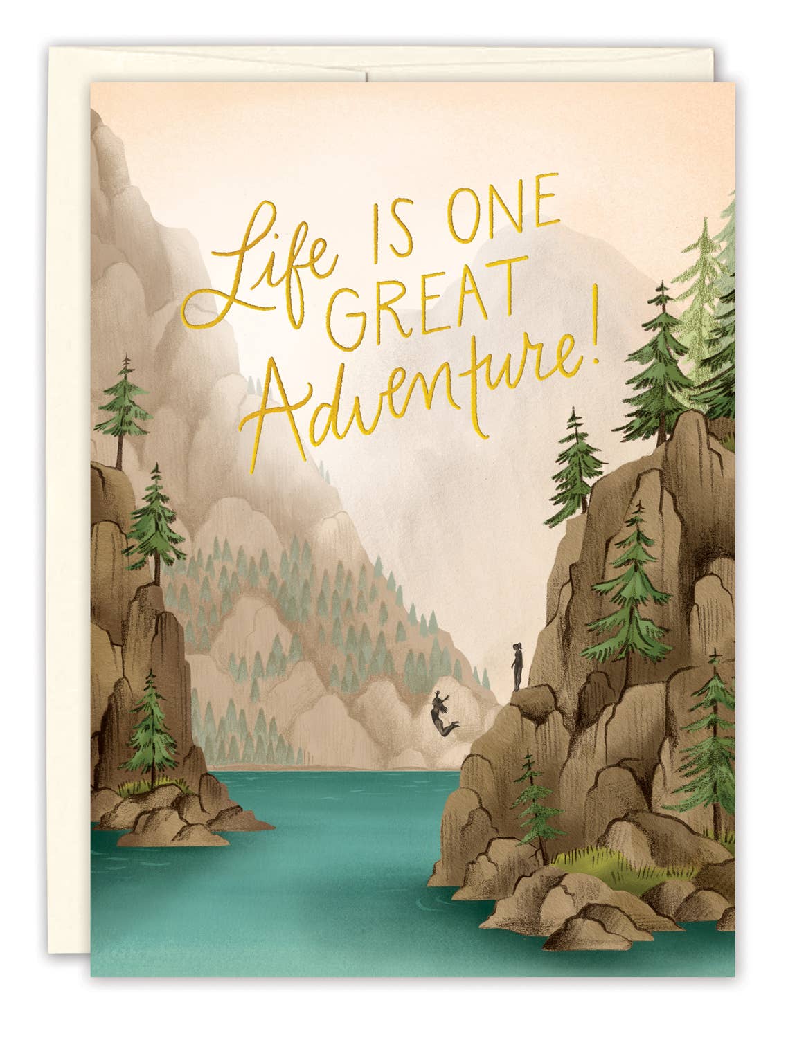 Card with mountain landscape and 'Life is one great adventure!' text