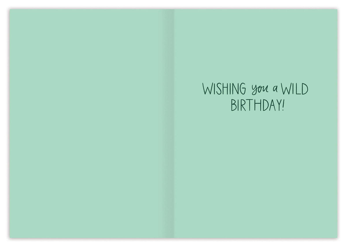 Open card with 'Wishing you a wild birthday!' text on a light green background