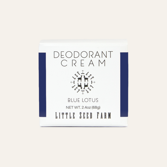 Little Seed Farm Blue Lotus Deodorant Cream, aluminum- and baking soda-free, with a sparkling floral-green scent and nourishing organic ingredients.