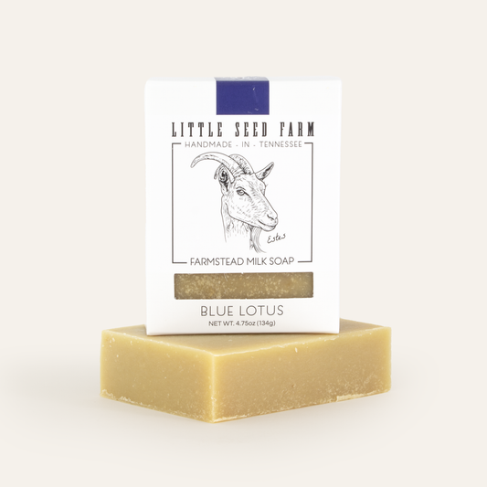 Little Seed Farm Blue Lotus Goat’s Milk Soap, handcrafted with nourishing goat’s milk and floral aromatherapy for a calming, skin-nourishing cleanse.