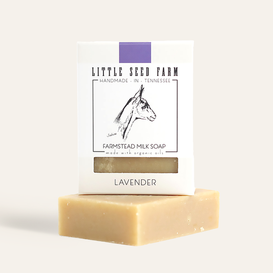 Little Seed Farm Lavender Goat’s Milk Bar Soap, handmade in Tennessee with organic oils and lavender essential oil for a calming aromatherapy cleanse.
