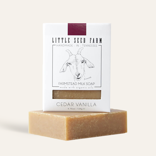 Little Seed Farm Cedar Vanilla Goat’s Milk Soap, handcrafted in Tennessee with a woodsy, subtly sweet aroma for a nourishing, soothing cleanse.