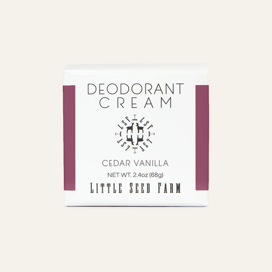 Little Seed Farm All-Natural Deodorant Cream in glass jar—aluminum-free, baking soda-free, and made with organic ingredients for lasting freshness.